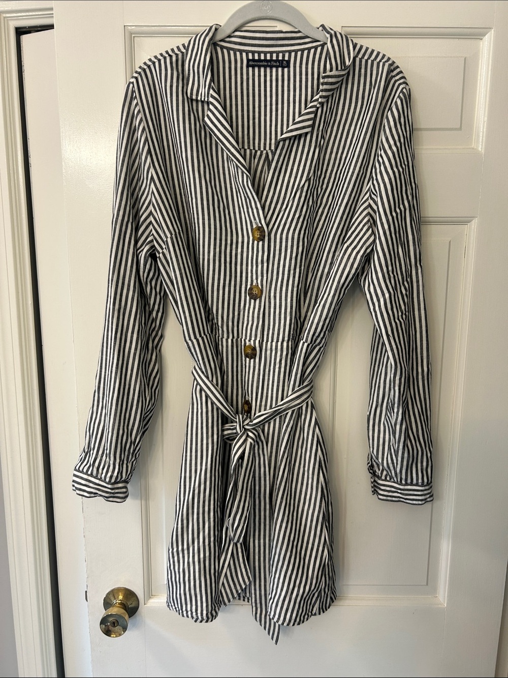 Abercrombie & Fitch Black and White Vertical Stripe belted shirt dress